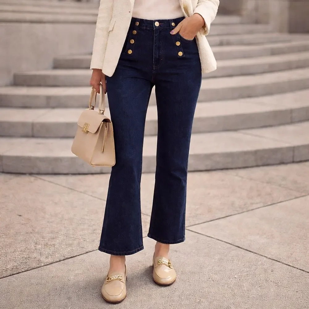 J.Crew Billie Demi Boot Crop Jeans 28 Dark Wash Sailor Button Old Money